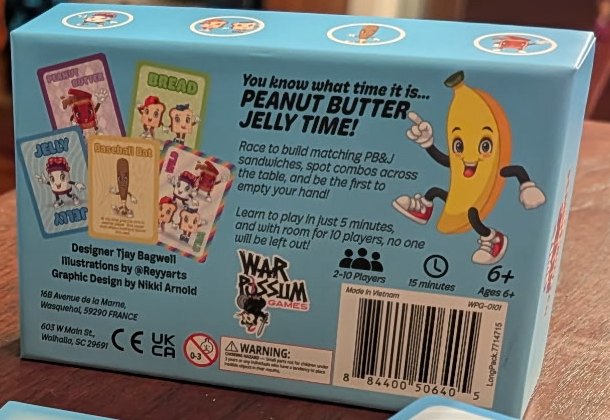 Back of the Peanut Butter Jelly Time box with the banana character and game facts