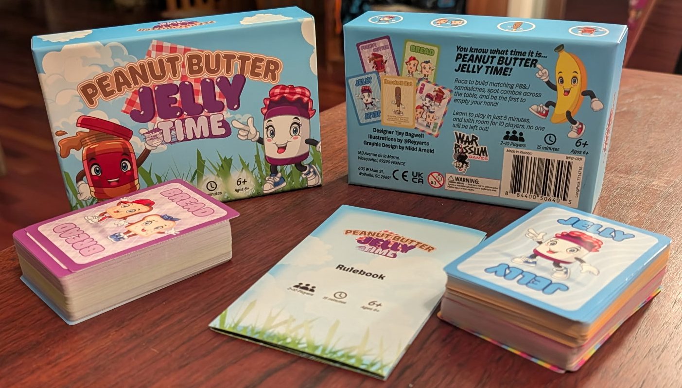 Peanut Butter Jelly Time box front and back, a Bread deck, a Jelly deck, and the rulebook on a table